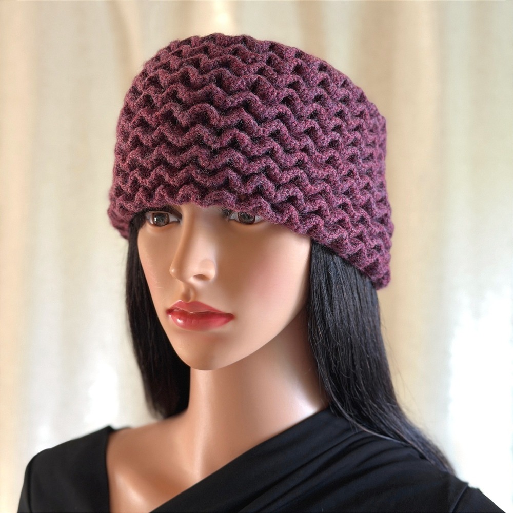 Handmade Crochet Beanie Burgundy Purple Zig Zag Textured Chunky Knit Winter Hat